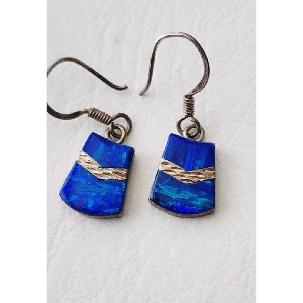 Vintage Mexico 950 Silver Blue Opal Hook Drop Earrings